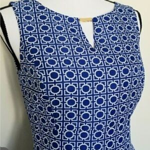 Tahari like new Blue and White Geometric Pattern sleeveless Dress size 14